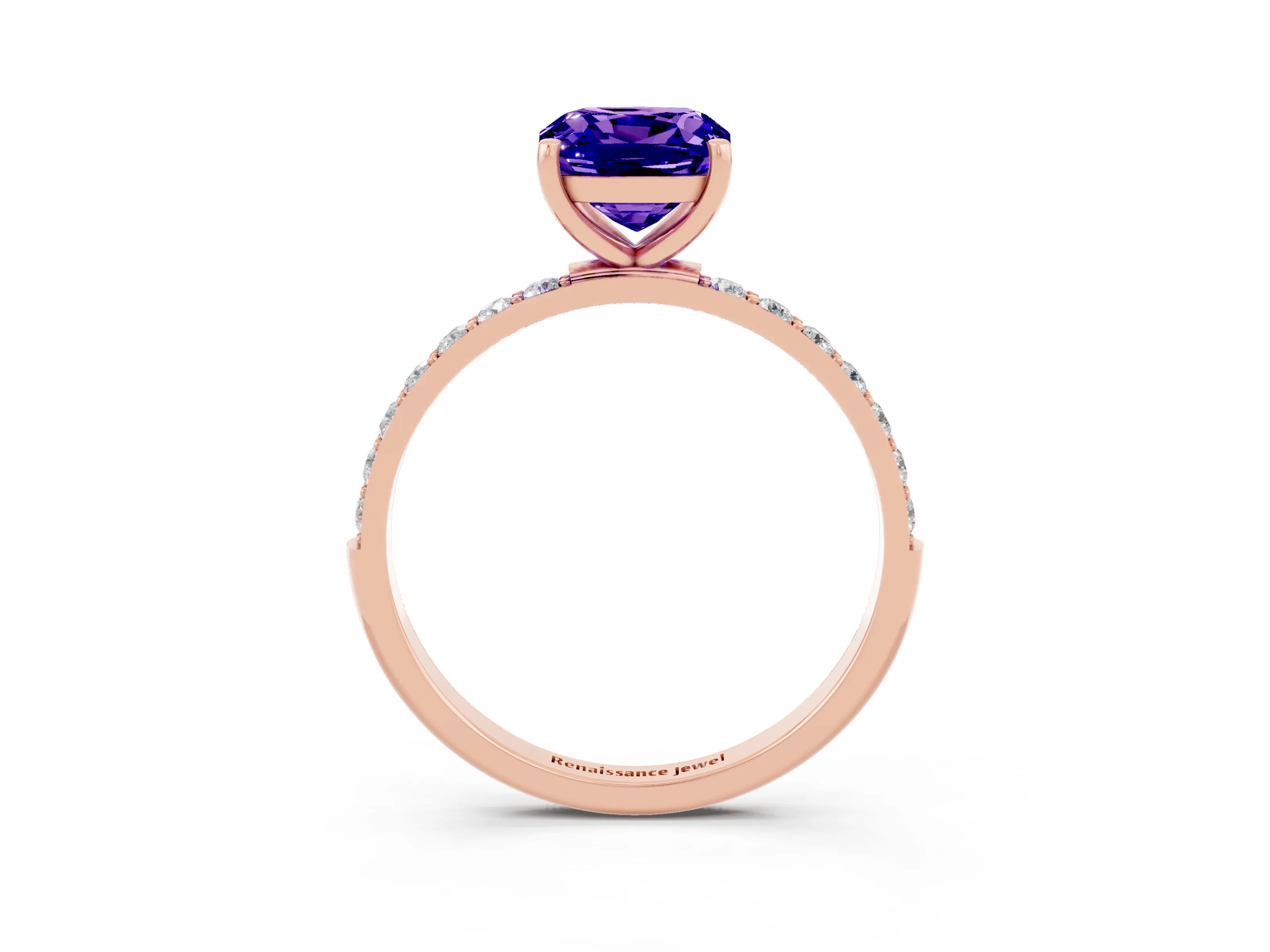 Rose gold Cushion Cut Tanzanite Solitaire Ring with Pave Band and Four Prong Setting_27