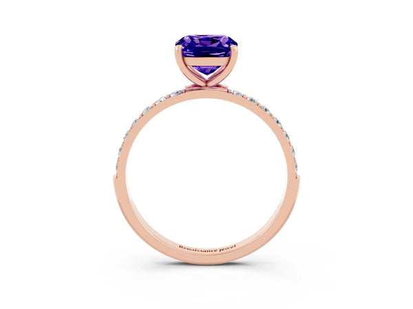 Rose gold Cushion Cut Tanzanite Solitaire Ring with Round  Pavé Band and Prong Setting