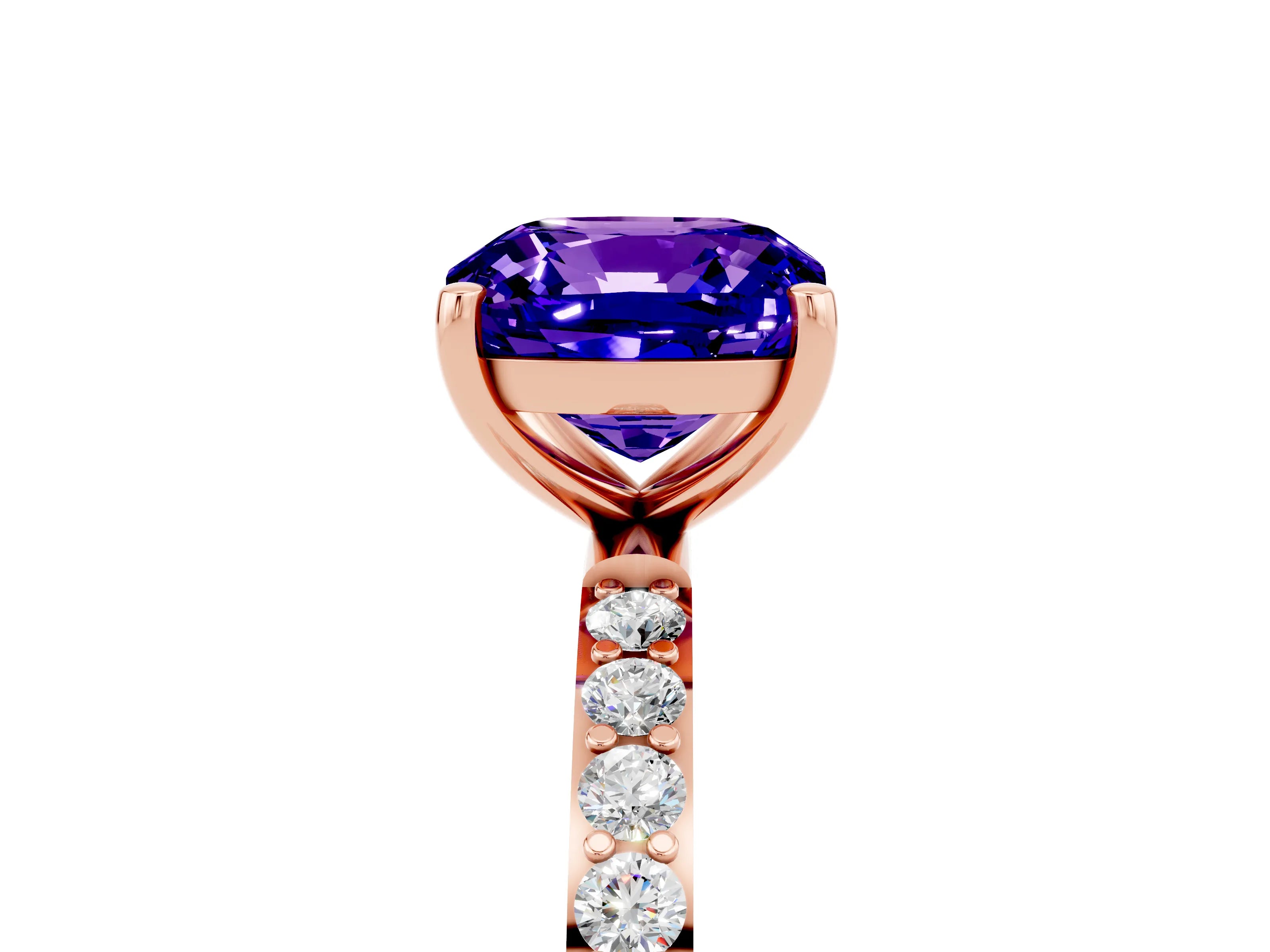 Rose gold Cushion Cut Tanzanite Solitaire Ring with Pave Band and Four Prong Setting_29