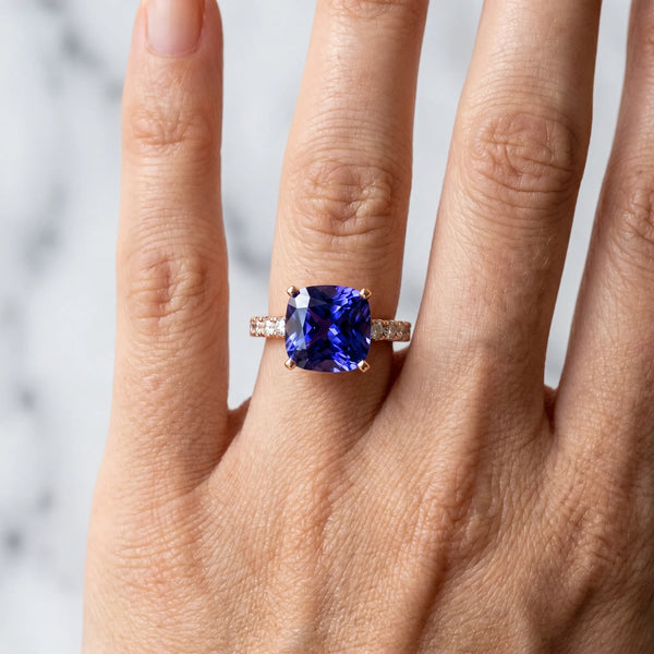 Rose gold Cushion Cut Tanzanite Solitaire Ring with Round  Pavé Band and Four-Prong Setting
