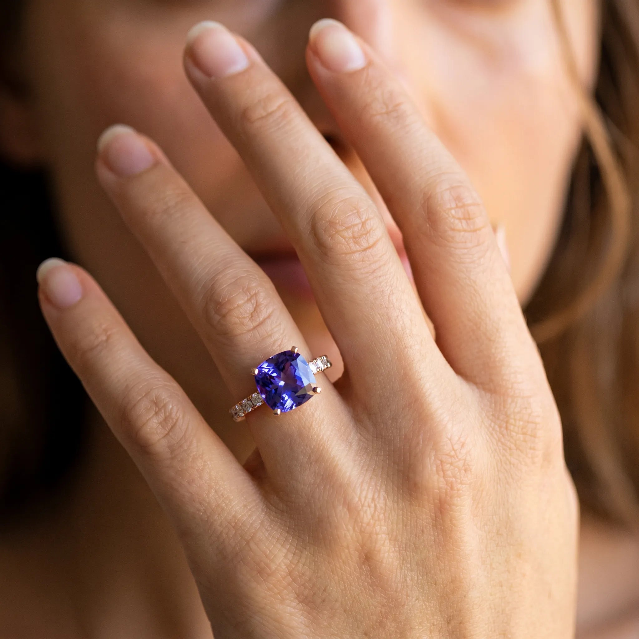 Rose gold Cushion Cut Tanzanite Solitaire Ring with Round  Pavé Band and Four-Prong Setting_44
