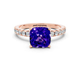 Rose gold Cushion Cut Tanzanite Solitaire Ring with Round  Pavé Band and Four-Prong Setting_44