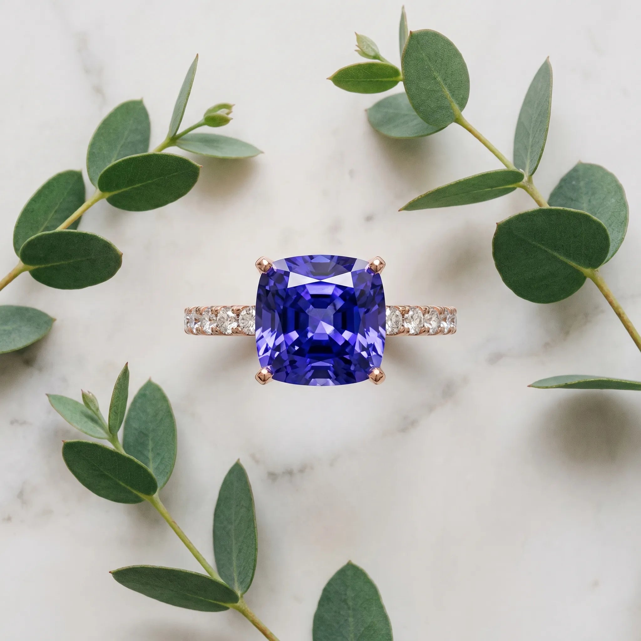 Rose gold Cushion Cut Tanzanite Solitaire Ring with Round  Pavé Band and Four-Prong Setting_45