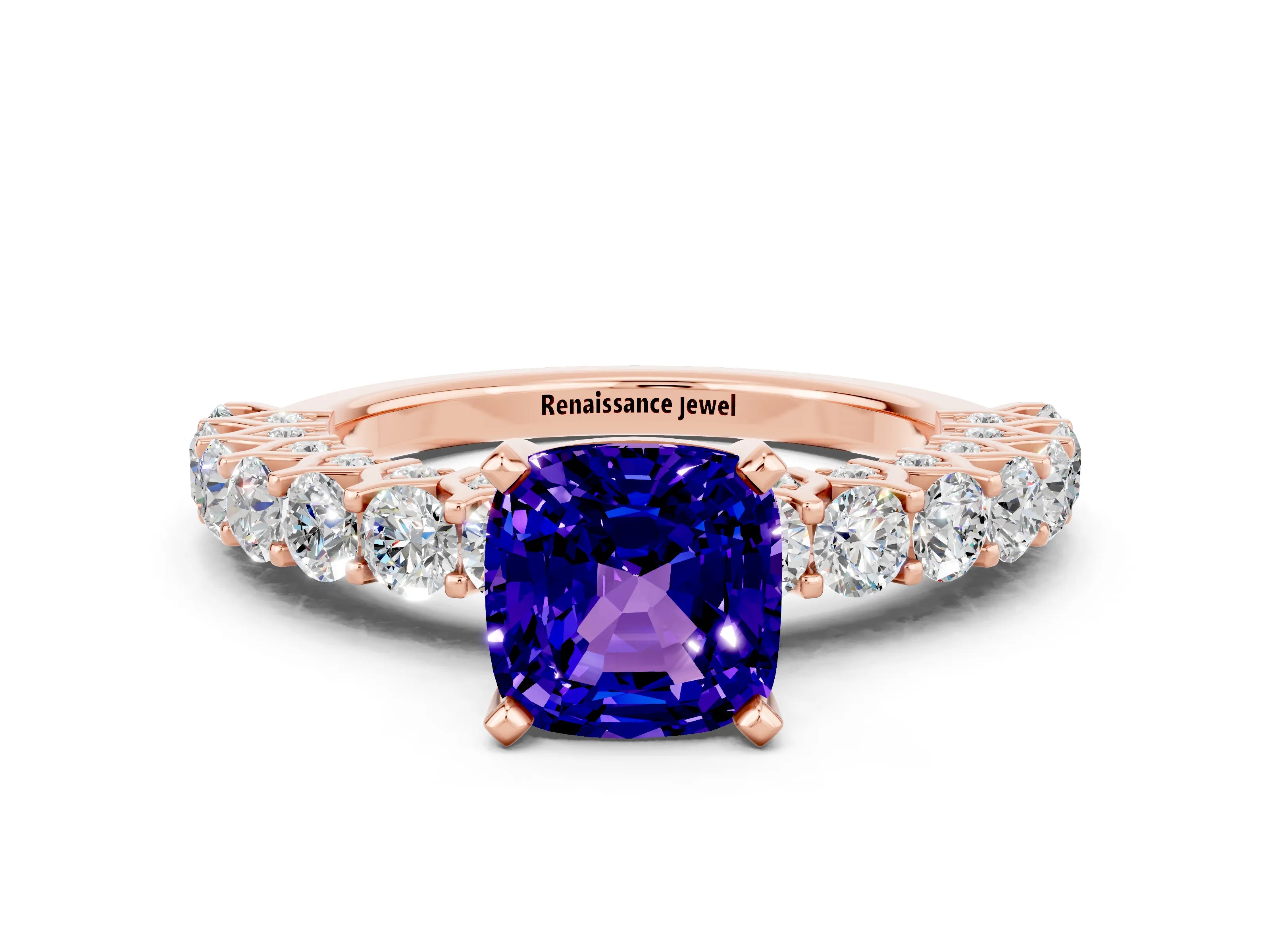 Rose gold Cushion Cut Tanzanite Solitaire Ring with Shared Prong Pavé Band and Four-Prong Setting