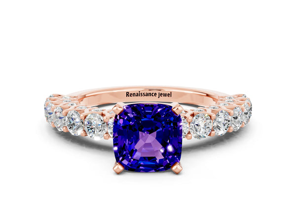Rose gold Cushion Cut Tanzanite Solitaire Ring with Shared Prong Pavé Band and Four-Prong Setting