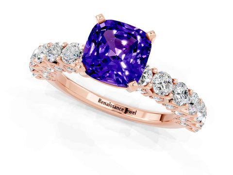 Rose gold Cushion Cut Tanzanite Solitaire Ring with Shared Prong Pavé Band and Four-Prong Setting_1
