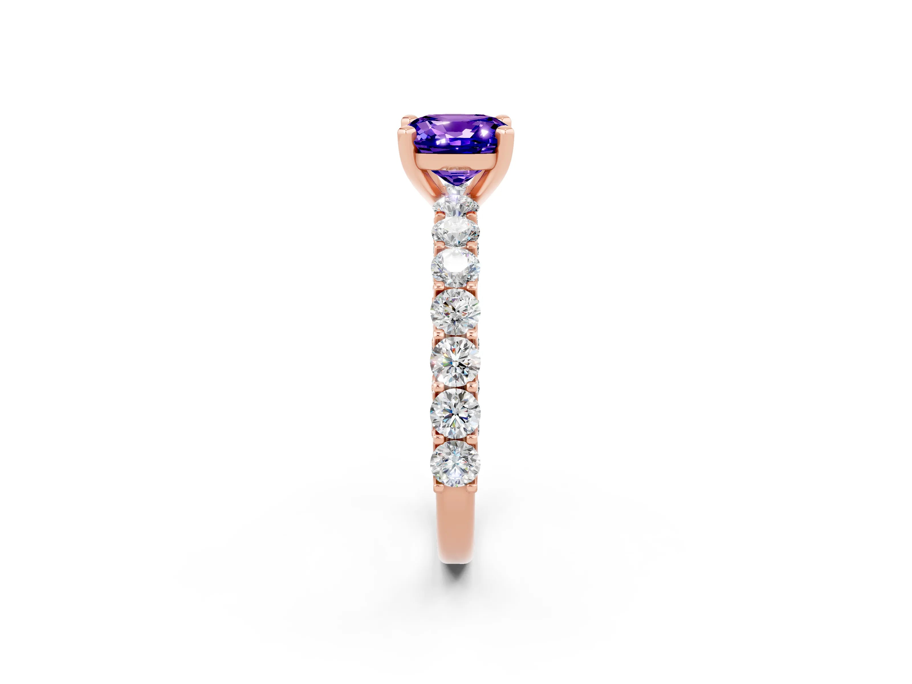 Rose gold Cushion Cut Tanzanite Solitaire Ring with Shared Prong Pavé Band and Four-Prong Setting_2