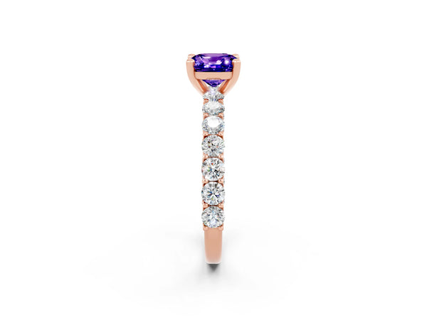 Rose gold Cushion Cut Tanzanite Solitaire Ring with Shared Prong Pavé Band and Four-Prong Setting
