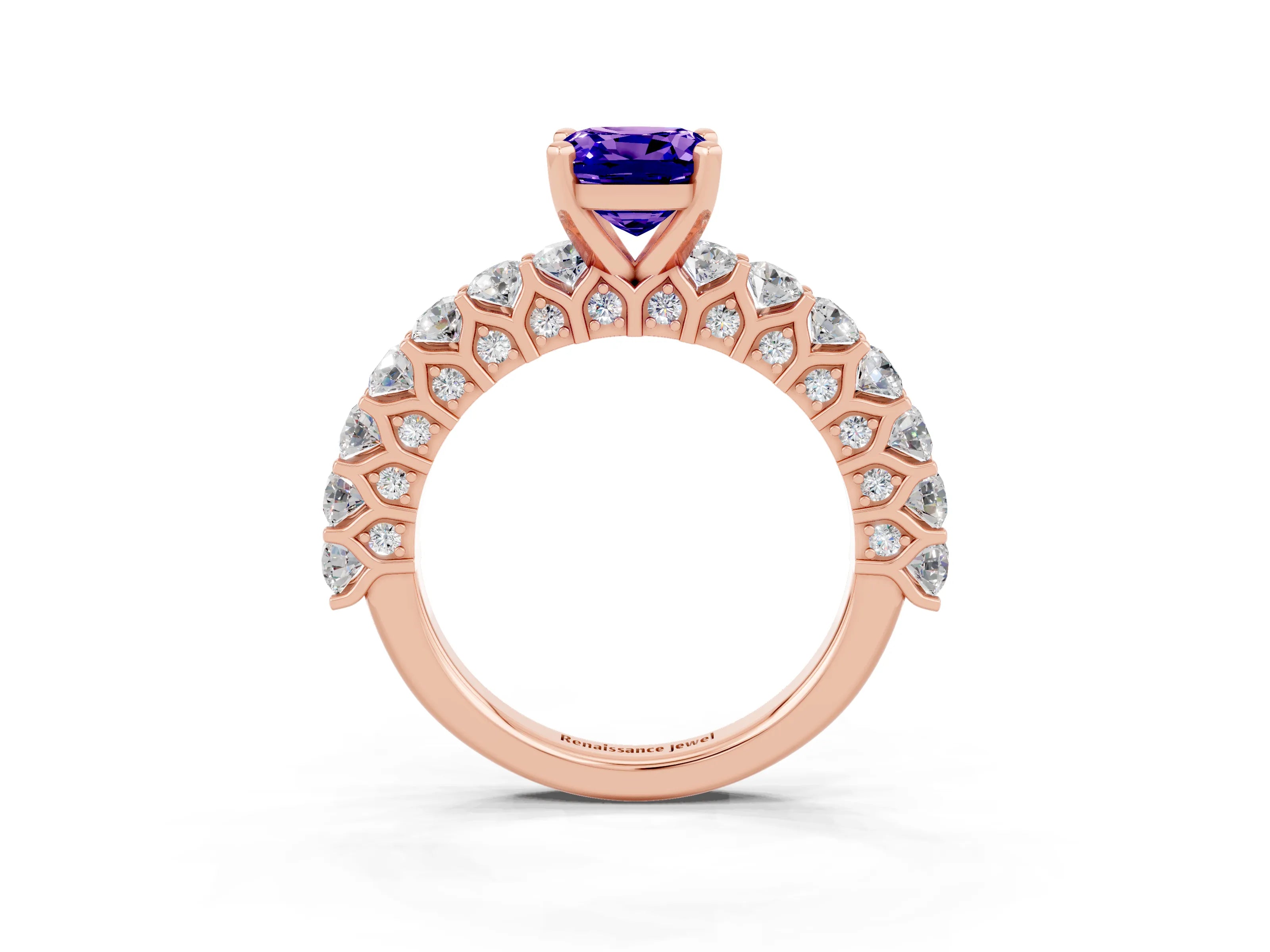 Rose gold Cushion Cut Tanzanite Solitaire Ring with Shared Prong Pavé Band and Four-Prong Setting_3