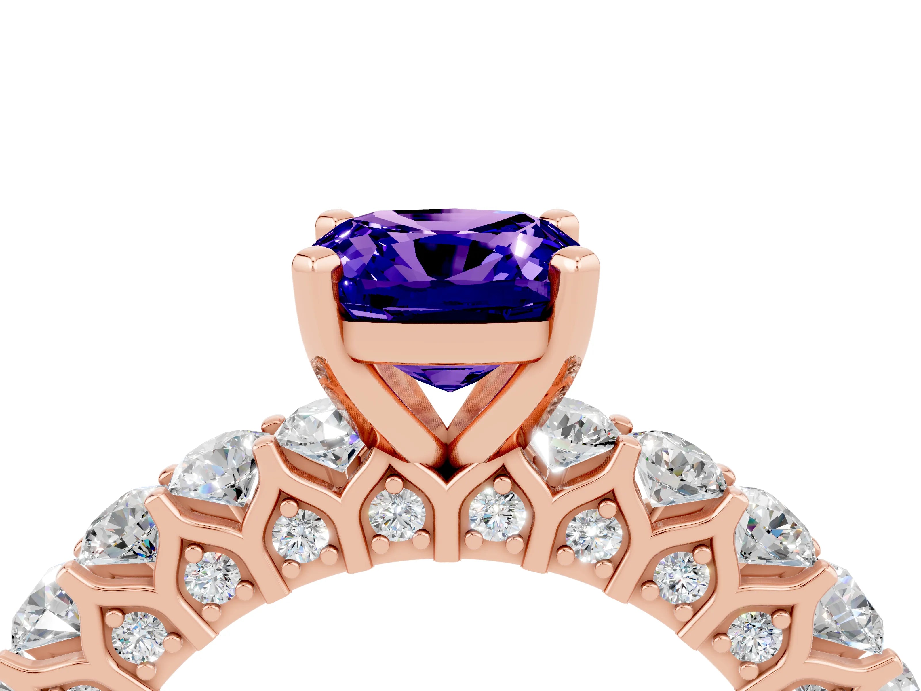 Rose gold Cushion Cut Tanzanite Solitaire Ring with Shared Prong Pavé Band and Four-Prong Setting_4