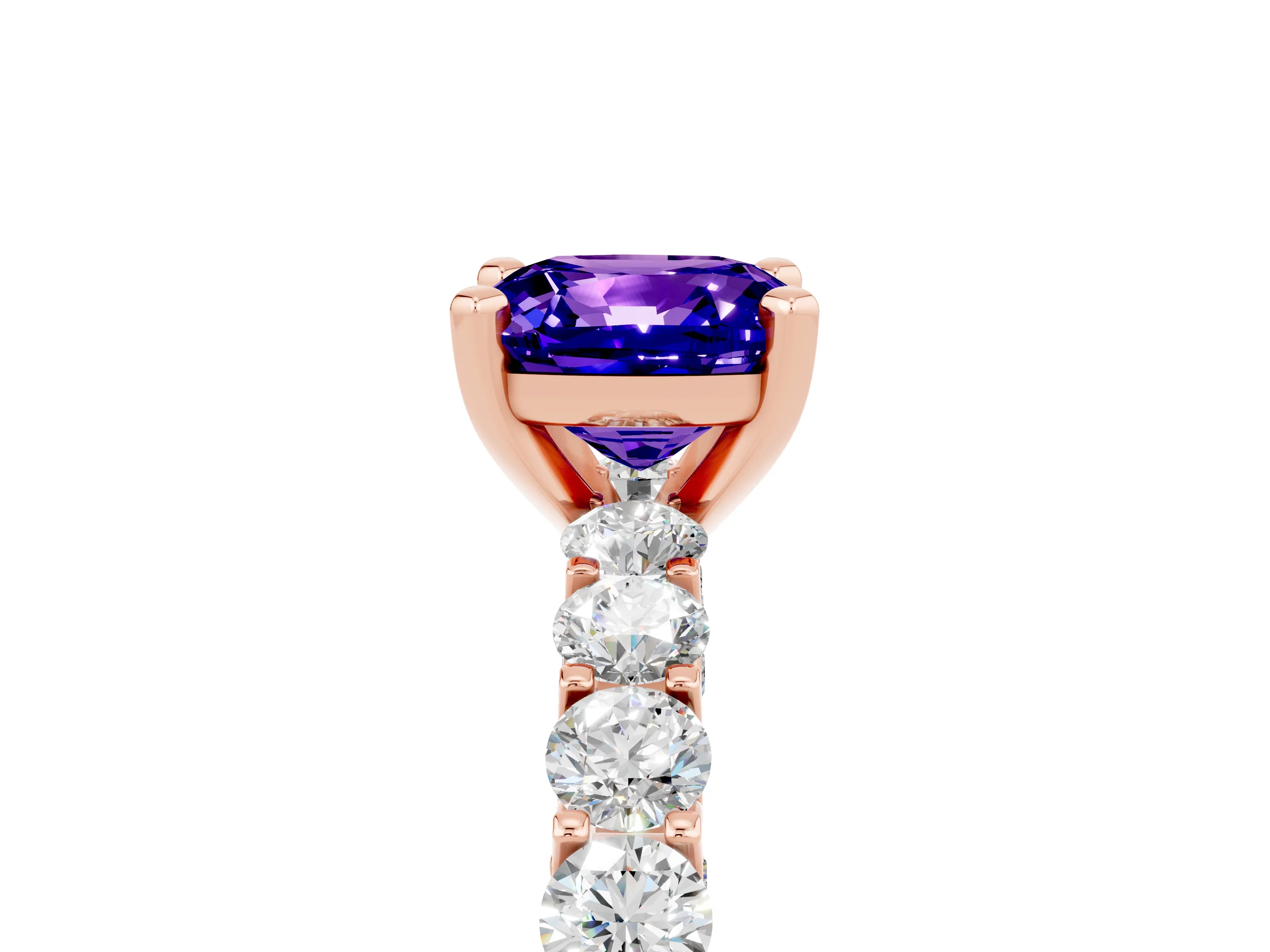 Rose gold Cushion Cut Tanzanite Solitaire Ring with Shared Prong Pavé Band and Four-Prong Setting_5
