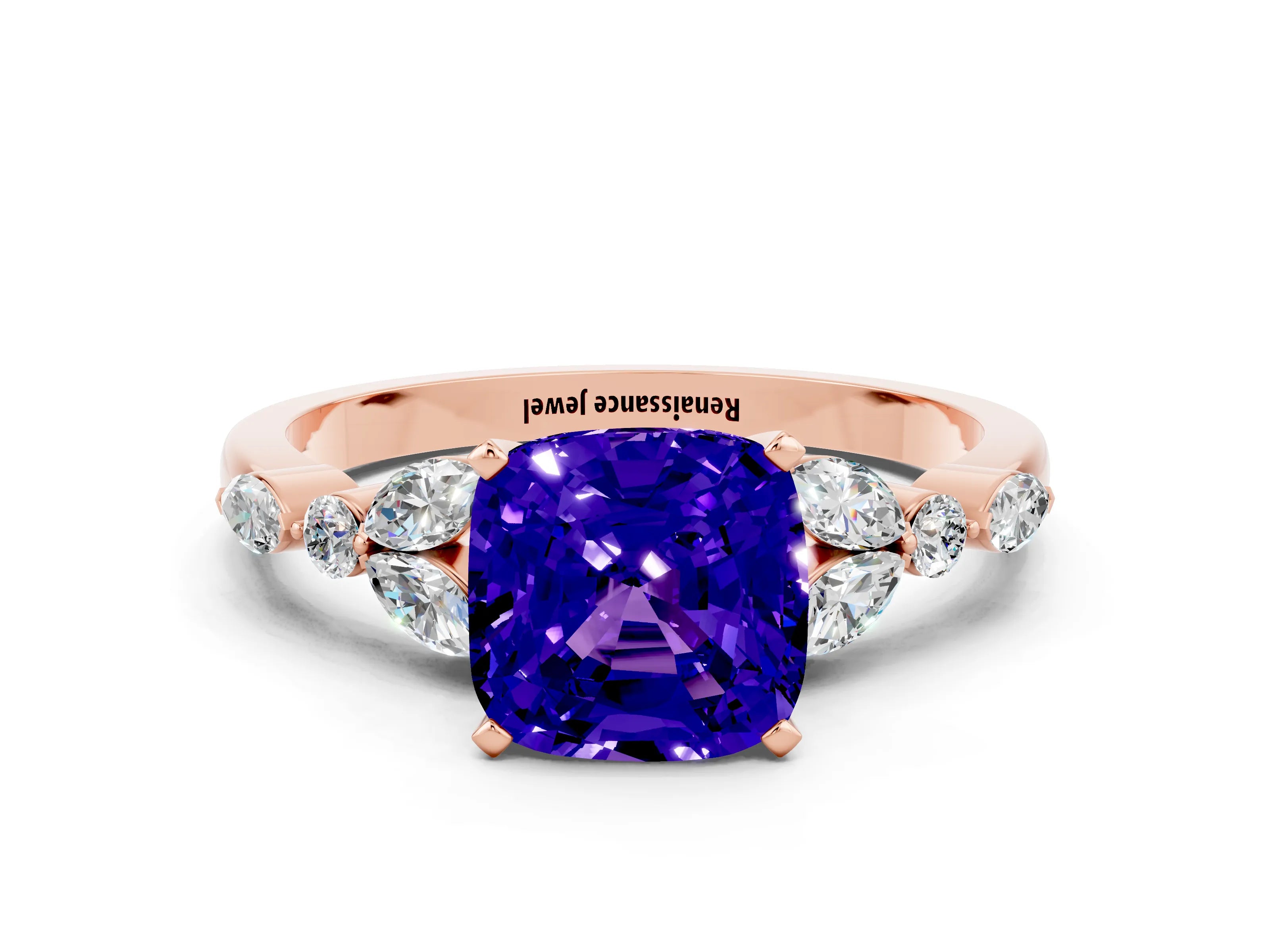 Rose gold Cushion Cut Tanzanite Solitaire Ring with Side Stones and Four-Prong Setting_12