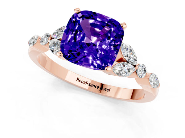 Rose gold Cushion Cut Tanzanite Solitaire Ring with Side Stones and Four-Prong Setting
