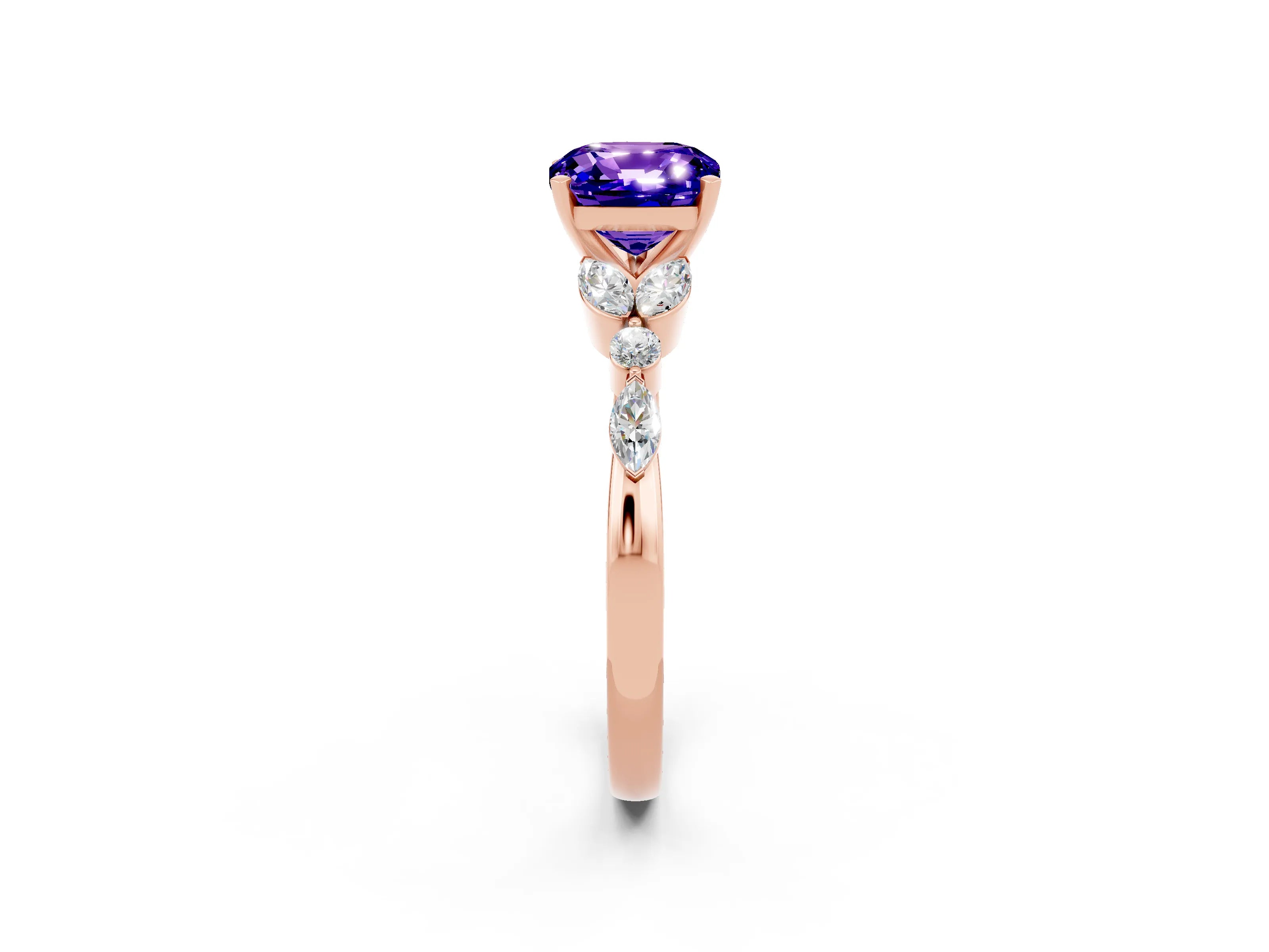 Rose gold Cushion Cut Tanzanite Solitaire Ring with Side Stones and Four-Prong Setting_14