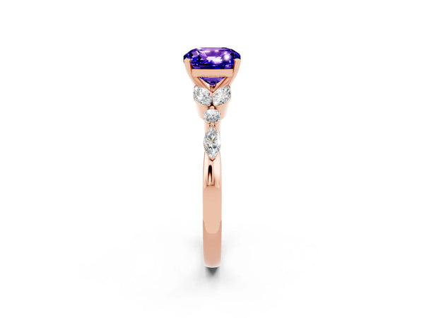 Rose gold Cushion Cut Tanzanite Solitaire Ring with Side Stones and Four-Prong Setting