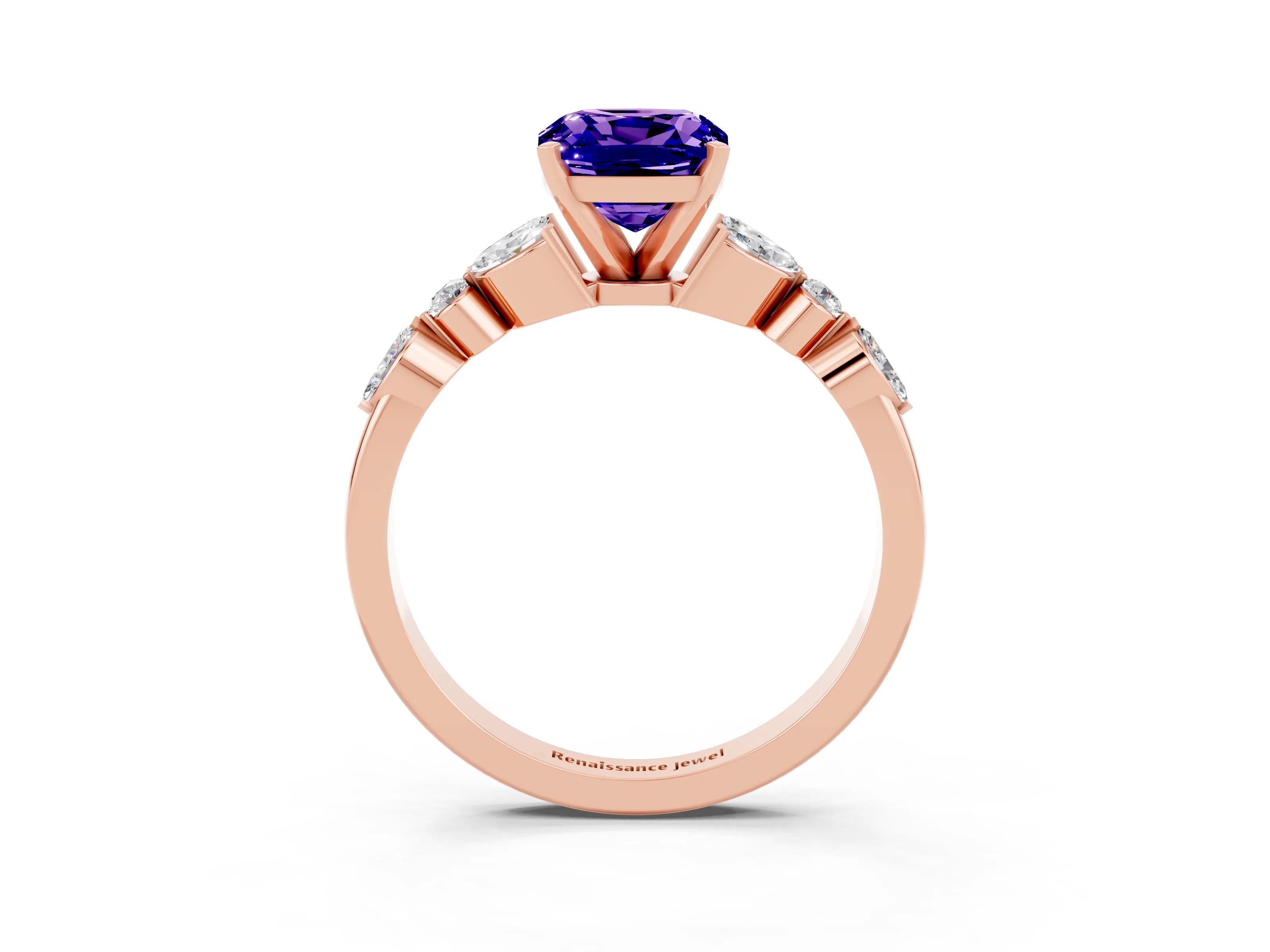 Rose gold Cushion Cut Tanzanite Solitaire Ring with Side Stones and Four-Prong Setting_15