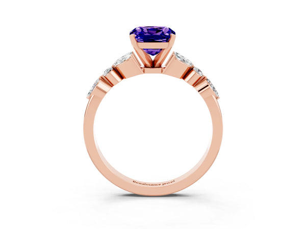 Rose gold Cushion Cut Tanzanite Solitaire Ring with Side Stones and Four-Prong Setting