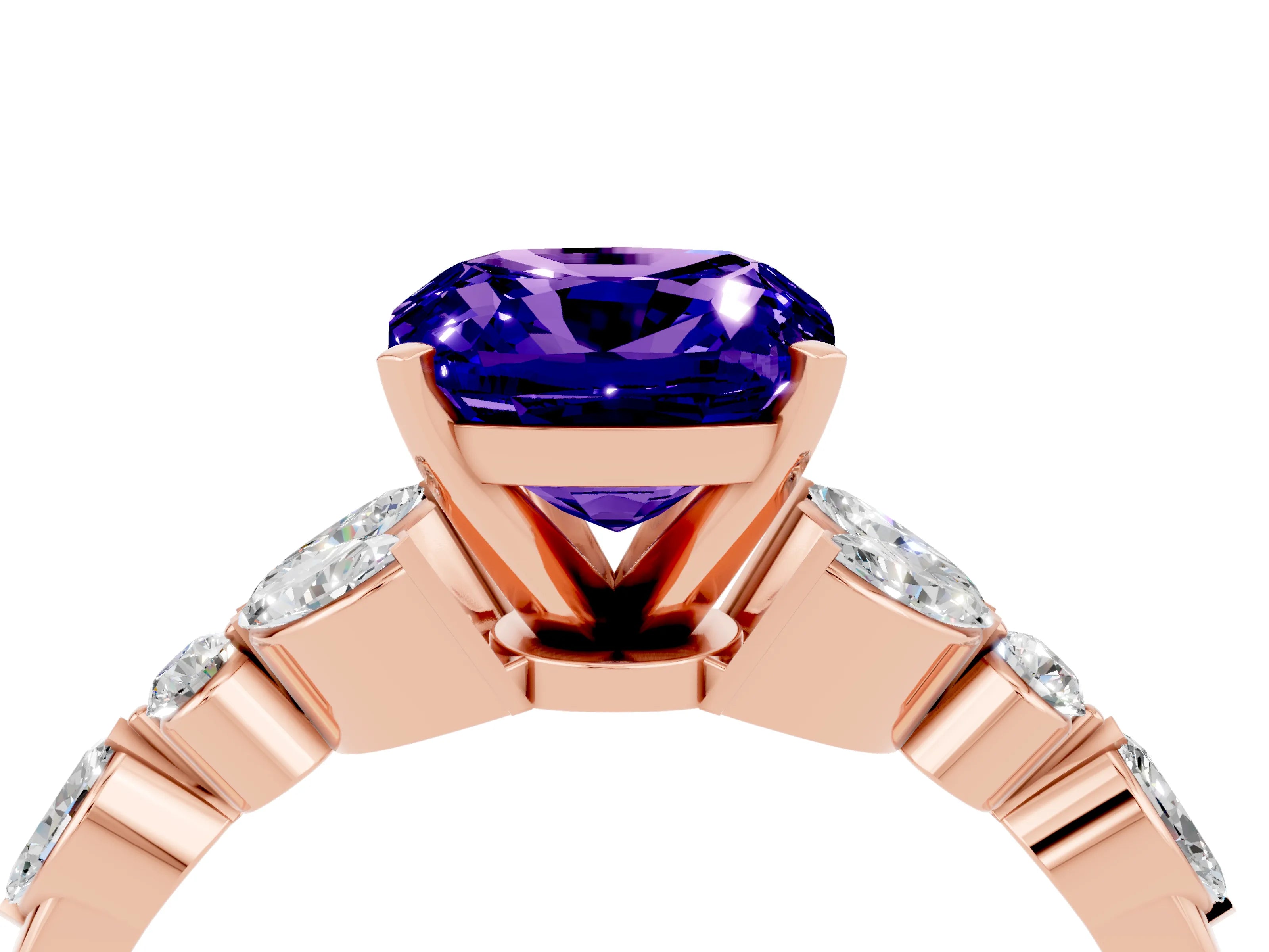 Rose gold Cushion Cut Tanzanite Solitaire Ring with Side Stones and Four-Prong Setting_16