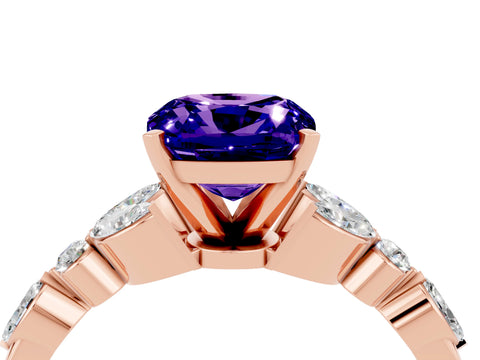 Rose gold Cushion Cut Tanzanite Solitaire Ring with Side Stones and Four-Prong Setting_16