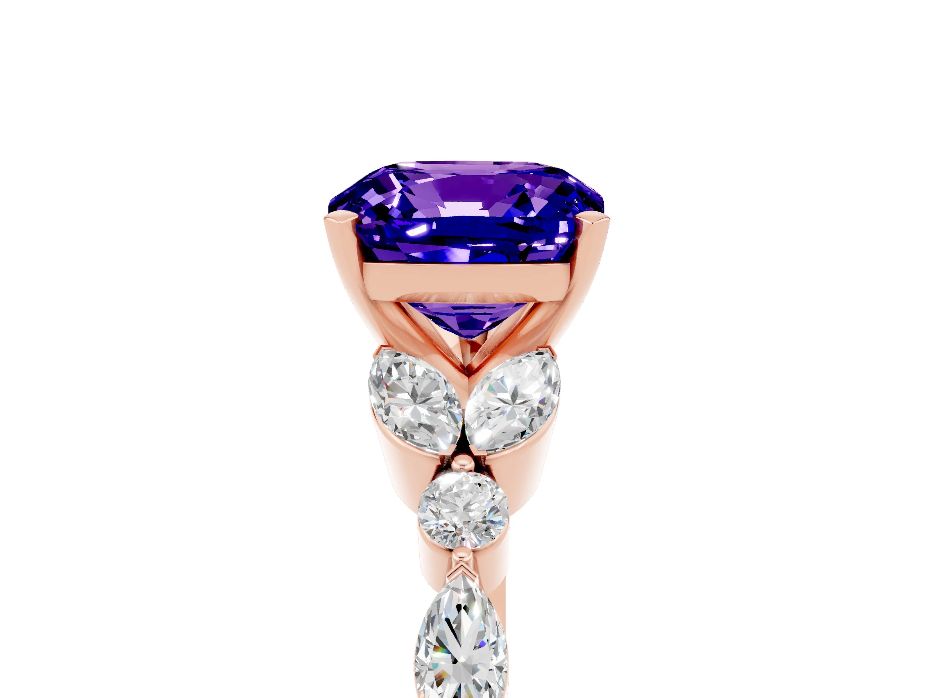 Rose gold Cushion Cut Tanzanite Solitaire Ring with Side Stones and Four-Prong Setting_17