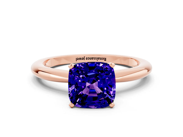 Rose gold Cushion Cut Tanzanite Solitaire Ring with Six-Prong Setting and Classic Band