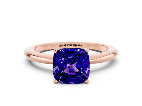 Rose gold Cushion Cut Tanzanite Solitaire Ring with Six-Prong Setting and Classic Band