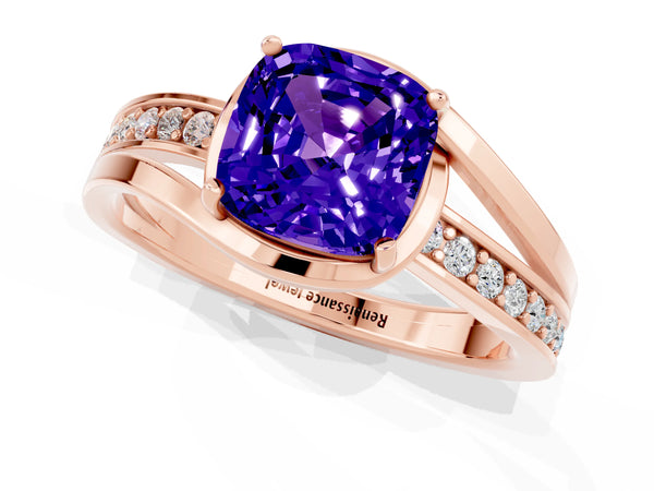 Rose gold Cushion Cut Tanzanite Solitaire Ring with Split Shank and Prong Setting