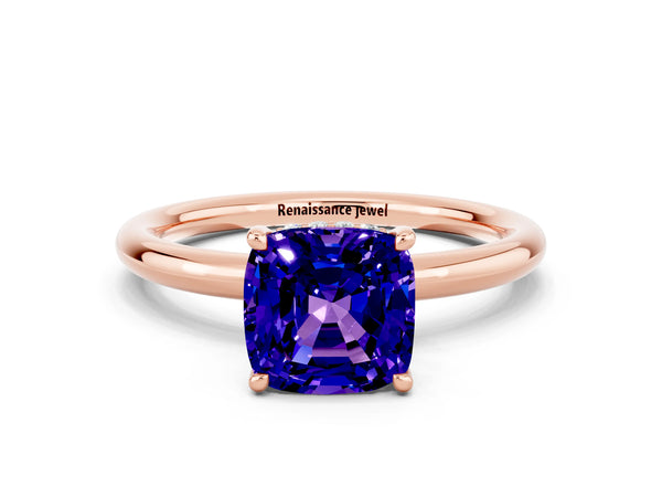 Rose gold Cushion Cut Tanzanite Solitaire Ring with Thin Band and Four-Prong Setting