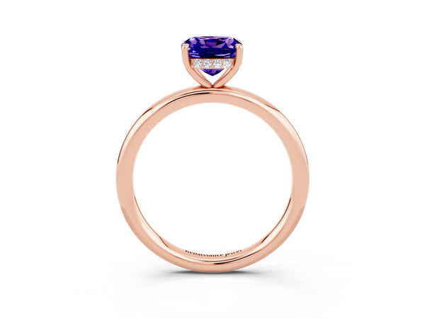 Rose gold Cushion Cut Tanzanite Solitaire Ring with Thin Band and Four-Prong Setting