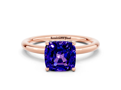 Rose gold Cushion Cut Tanzanite Solitaire Ring with Thin Band and Four-Prong Setting