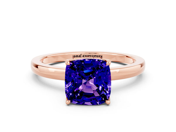 Rose gold Cushion Cut Tanzanite Solitaire Ring with Thin Band and Prong Setting