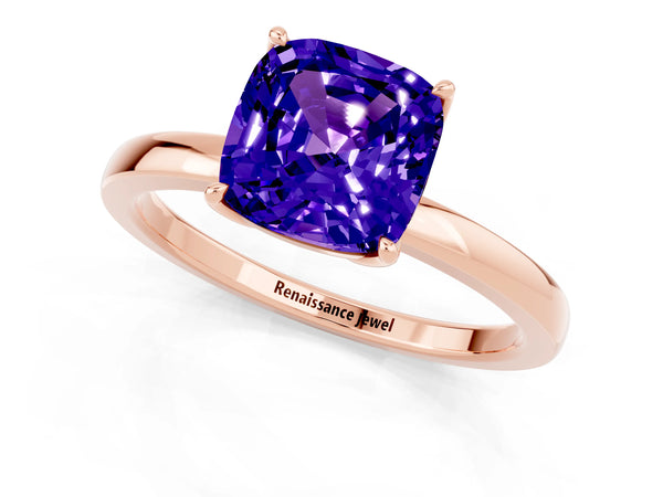 Rose gold Cushion Cut Tanzanite Solitaire Ring with Thin Band and Prong Setting