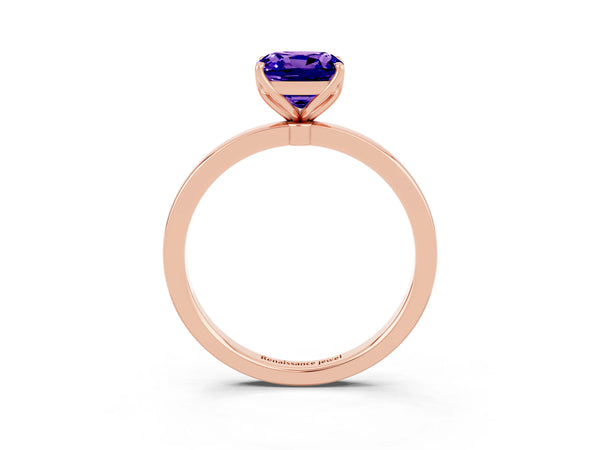 Rose gold Cushion Cut Tanzanite Solitaire Ring with Thin Band and Prong Setting
