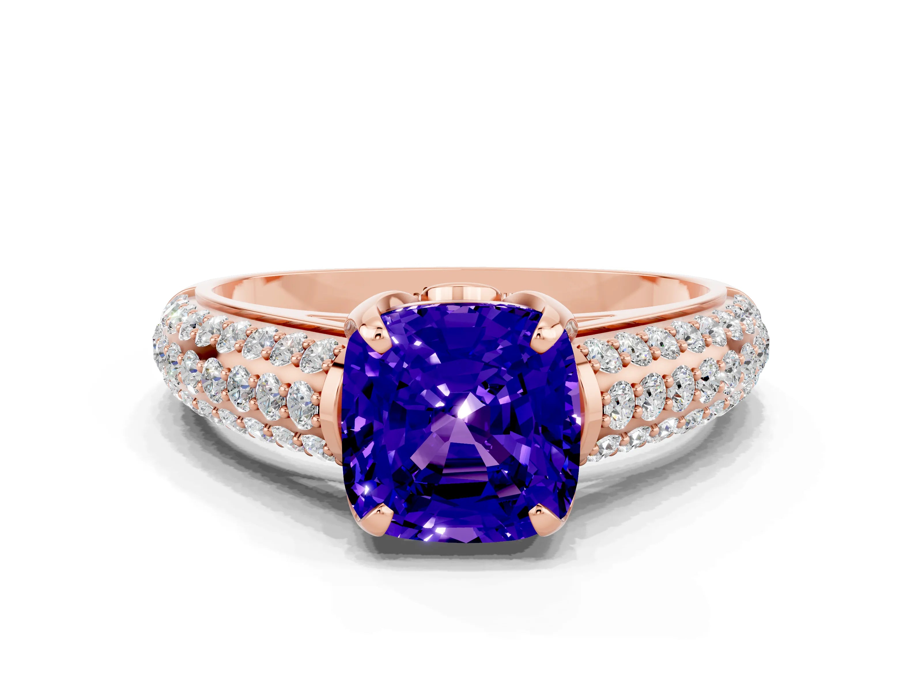 Rose gold Cushion Cut Tanzanite Solitaire Ring with Three-Row Pavé Band and Four-Prong Setting_12
