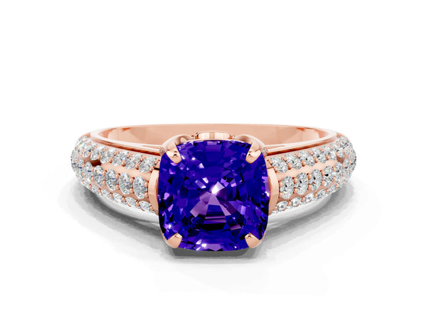 Rose gold Cushion Cut Tanzanite Solitaire Ring with Three-Row Pavé Band and Four-Prong Setting