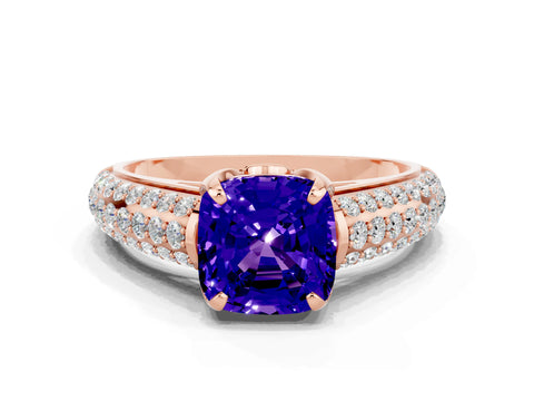 Rose gold Cushion Cut Tanzanite Solitaire Ring with Three-Row Pavé Band and Four-Prong Setting_12