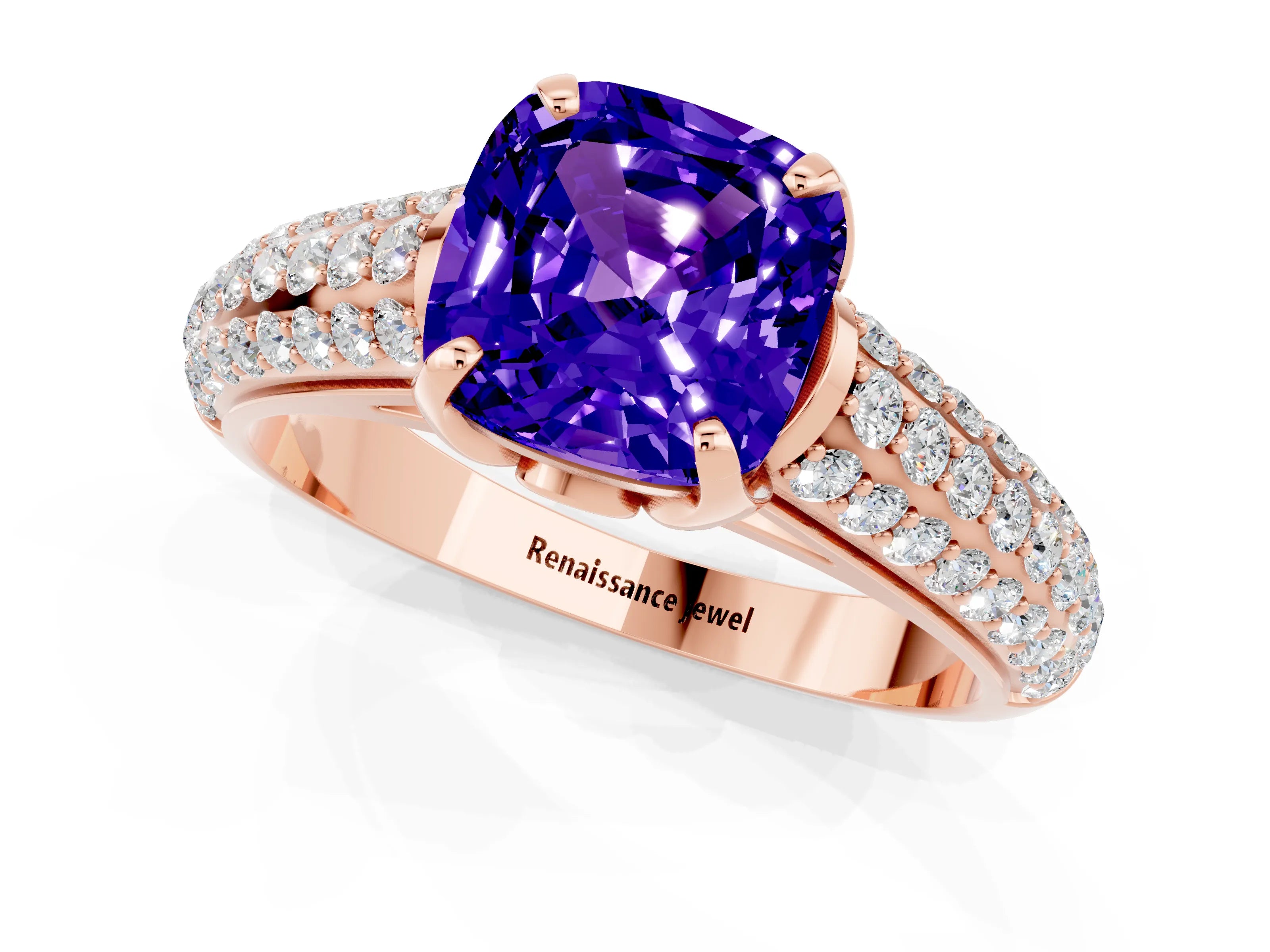 Rose gold Cushion Cut Tanzanite Solitaire Ring with Three-Row Pavé Band and Four-Prong Setting_13