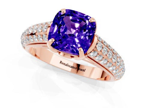 Rose gold Cushion Cut Tanzanite Solitaire Ring with Three-Row Pavé Band and Four-Prong Setting_13