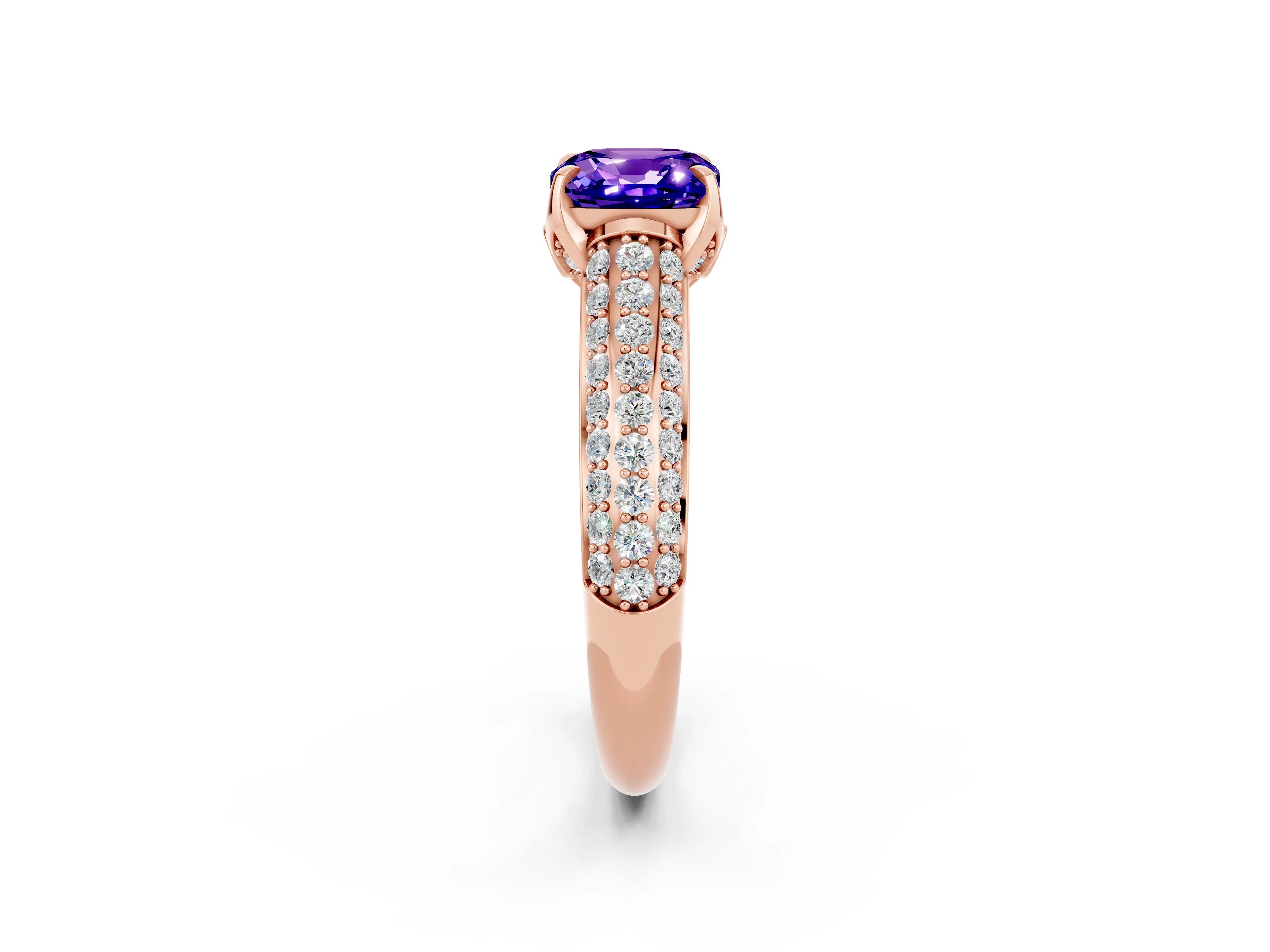 Rose gold Cushion Cut Tanzanite Solitaire Ring with Three-Row Pavé Band and Four-Prong Setting_14