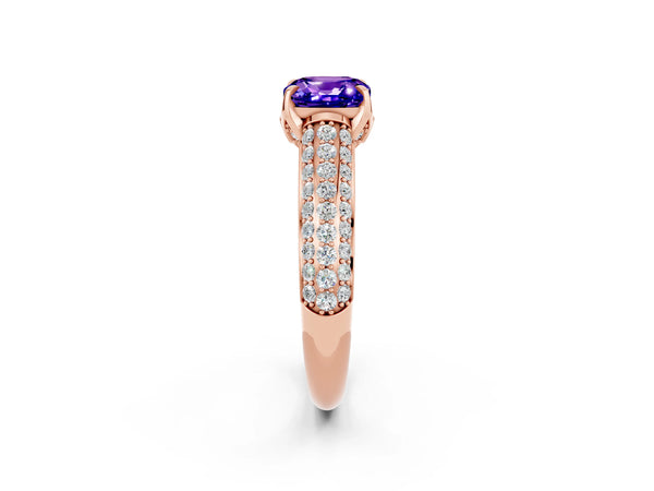 Rose gold Cushion Cut Tanzanite Solitaire Ring with Three-Row Pavé Band and Four-Prong Setting