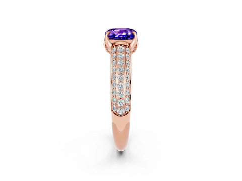 Rose gold Cushion Cut Tanzanite Solitaire Ring with Three-Row Pavé Band and Four-Prong Setting_14