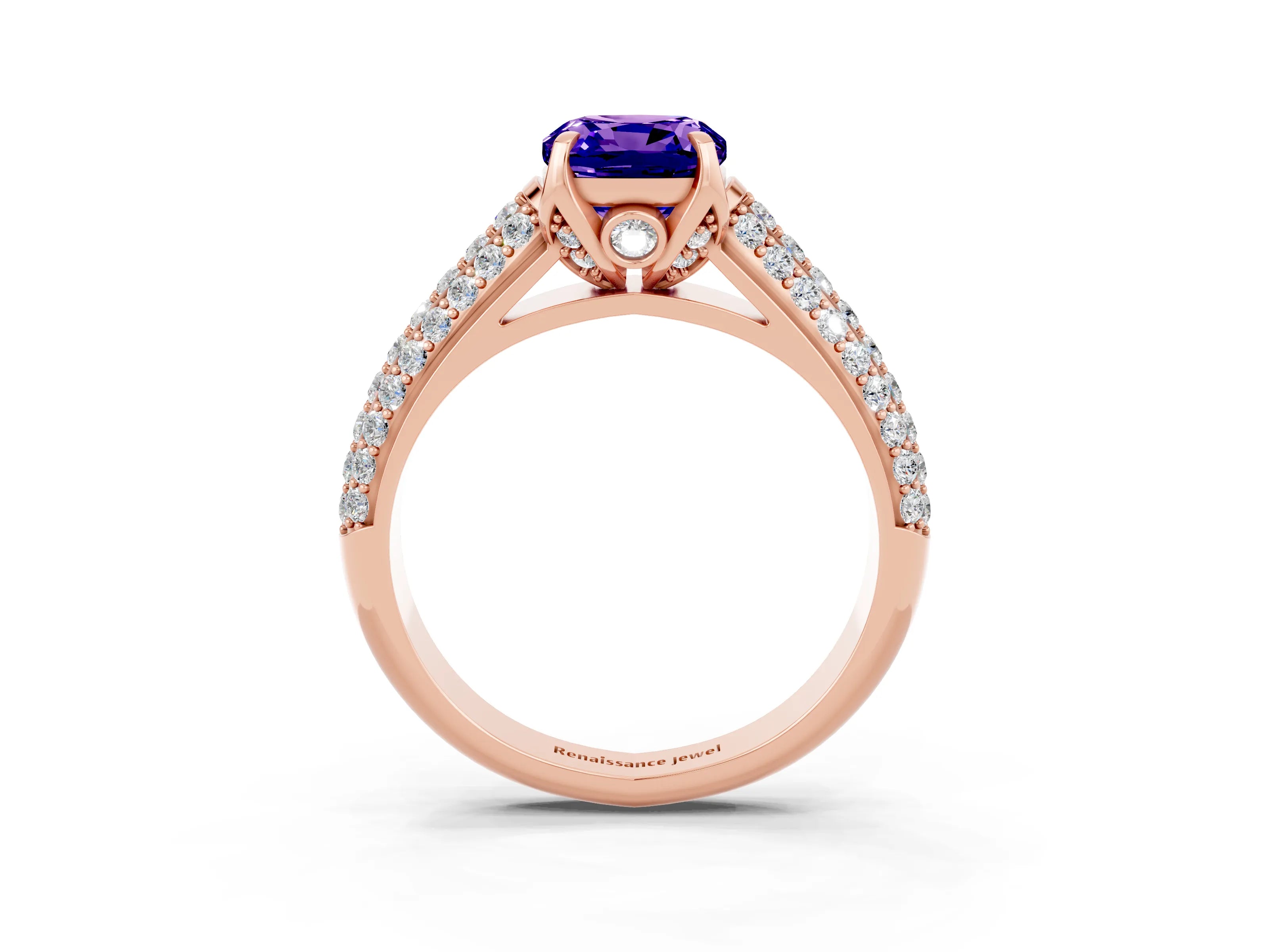 Rose gold Cushion Cut Tanzanite Solitaire Ring with Three-Row Pavé Band and Four-Prong Setting_15
