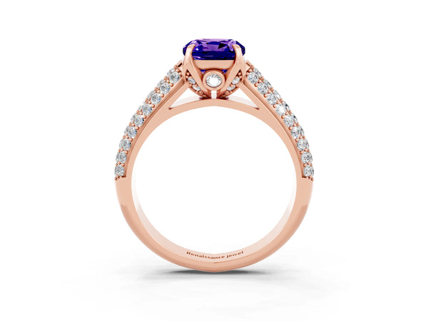 Rose gold Cushion Cut Tanzanite Solitaire Ring with Three-Row Pavé Band and Four-Prong Setting