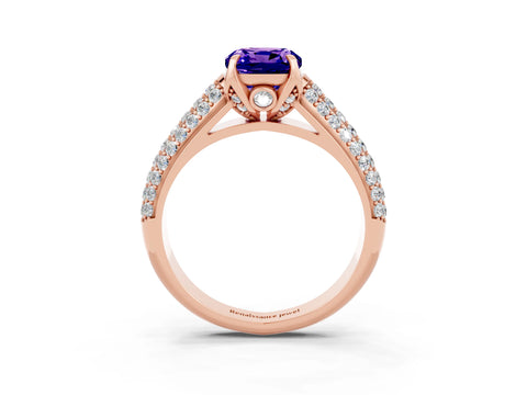 Rose gold Cushion Cut Tanzanite Solitaire Ring with Three-Row Pavé Band and Four-Prong Setting_15