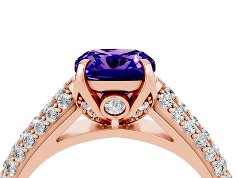 Rose gold Cushion Cut Tanzanite Solitaire Ring with Three-Row Pavé Band and Four-Prong Setting_16