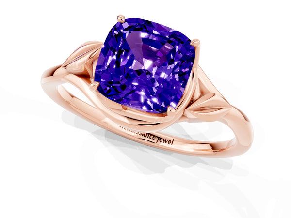 Rose gold Cushion Cut Tanzanite Solitaire Ring with Twist Band and Four-Prong Setting