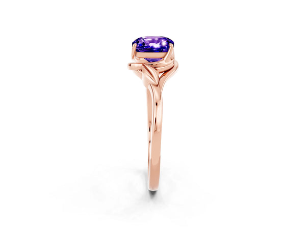 Rose gold Cushion Cut Tanzanite Solitaire Ring with Twist Band and Four-Prong Setting