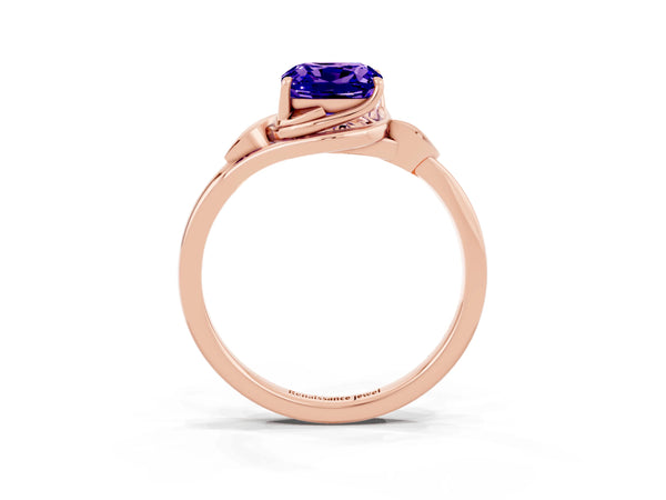 Rose gold Cushion Cut Tanzanite Solitaire Ring with Twist Band and Four-Prong Setting