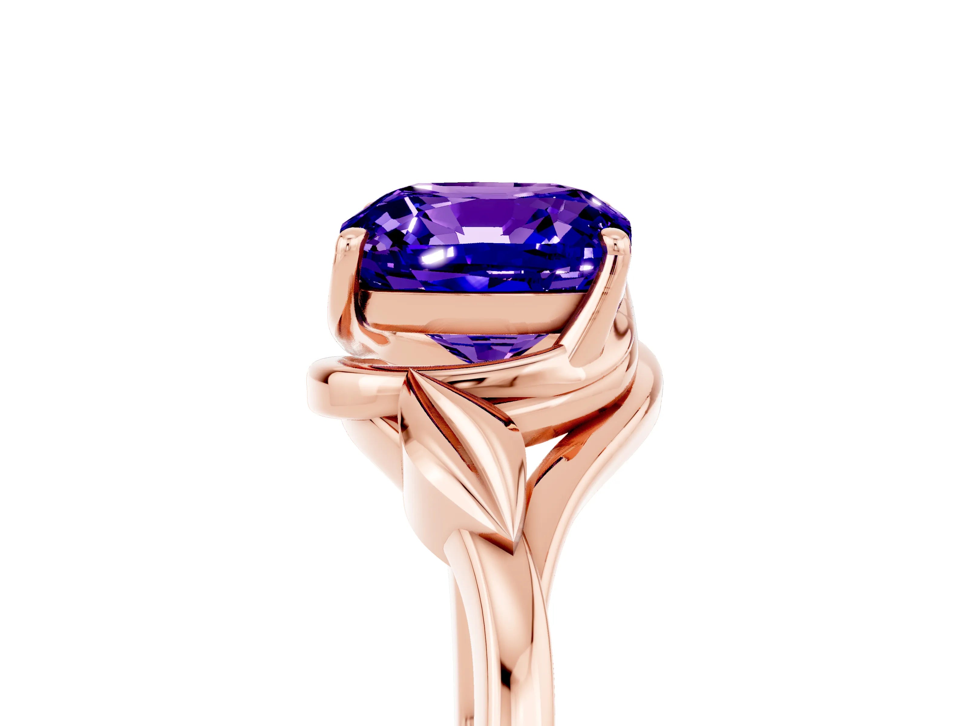 Rose gold Cushion Cut Tanzanite Solitaire Ring with Twist Band and Four-Prong Setting_29