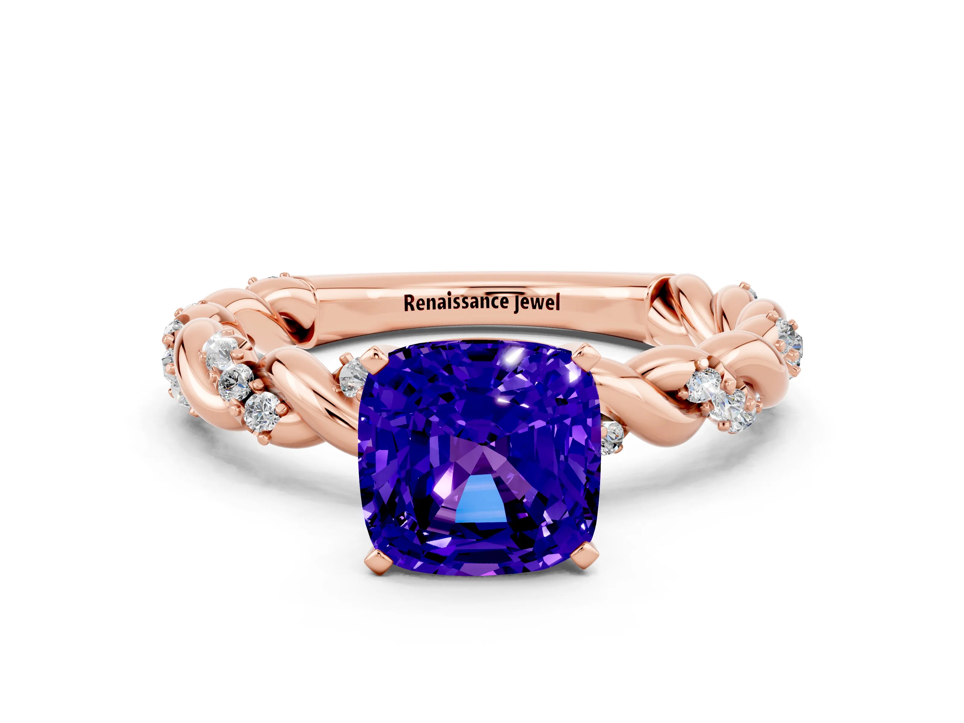 Rose gold Cushion Cut Tanzanite Solitaire Ring with Twisted Band and Pavé Accents
